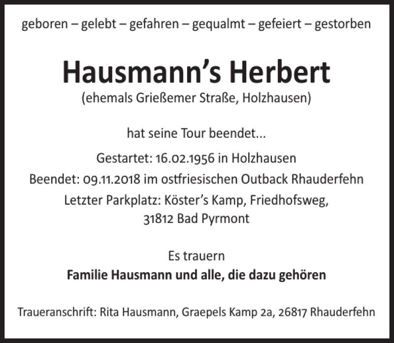  Traueranzeige für Herbert Hausmann vom 17.11.2018 aus Deister- und Weserzeitung