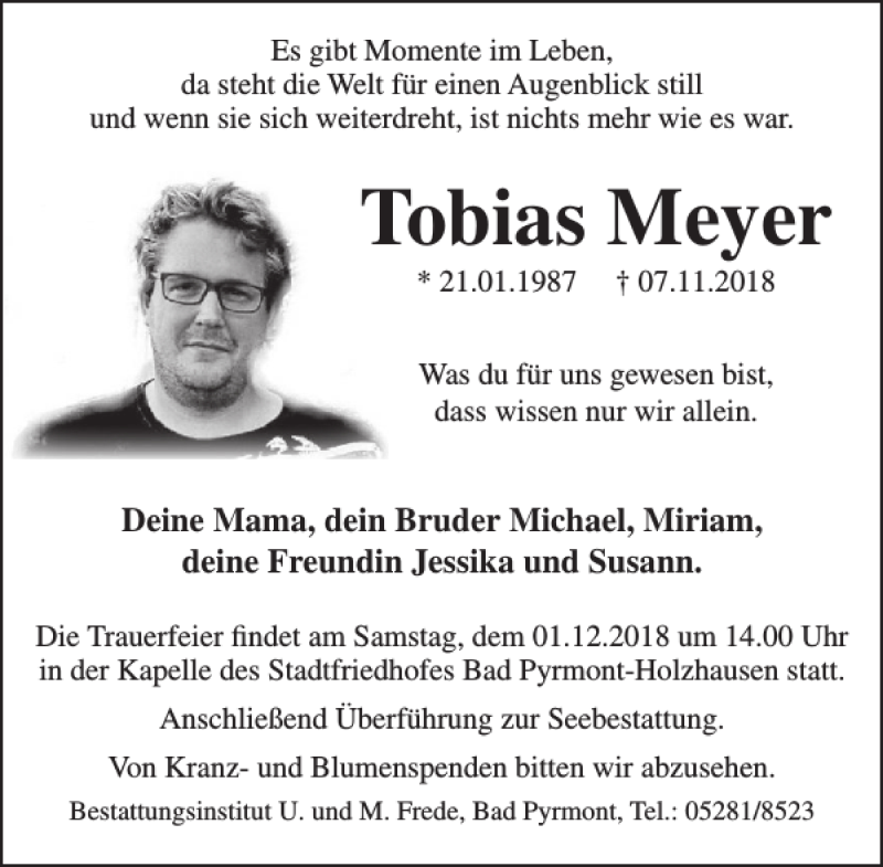  Traueranzeige für Tobias Meyer vom 24.11.2018 aus Deister- und Weserzeitung