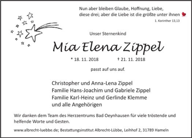  Traueranzeige für Mia Elena Zippel vom 01.12.2018 aus Deister- und Weserzeitung