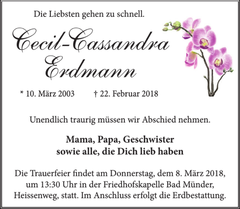  Traueranzeige für Cecil-Cassandra Erdmann vom 03.03.2018 aus Neue Deister-Zeitung