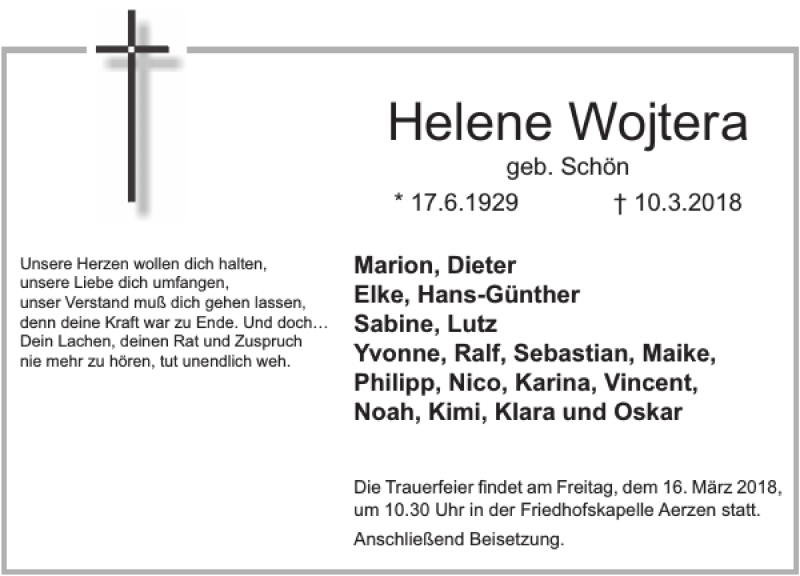  Traueranzeige für Helene Wojtera vom 13.03.2018 aus Deister- und Weserzeitung