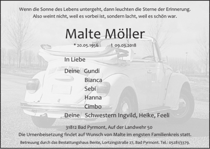 Traueranzeige für Malte Möller vom 14.03.2018 aus Deister- und Weserzeitung