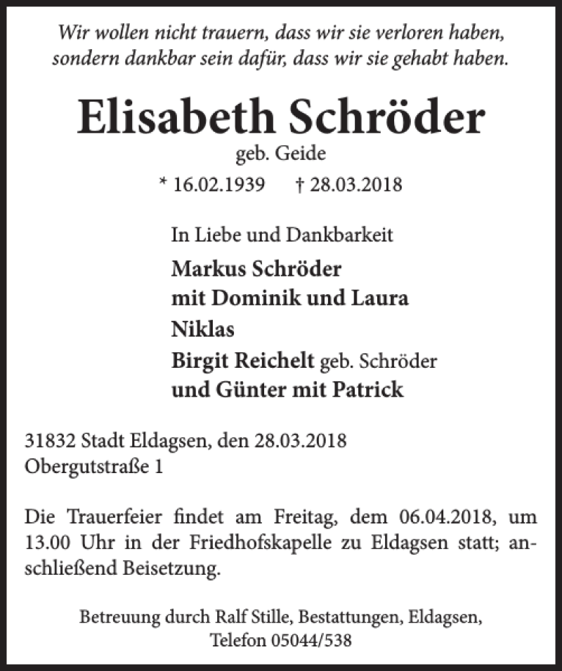  Traueranzeige für Elisabeth Schröder vom 04.04.2018 aus Neue Deister-Zeitung