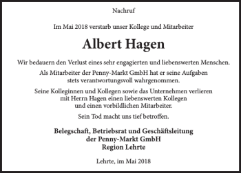 Traueranzeige von Albert Hagen von Deister- und Weserzeitung