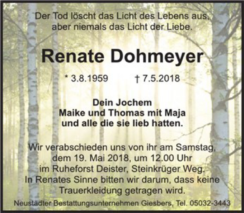  Traueranzeige für Renate Dohmeyer vom 15.05.2018 aus Deister- und Weserzeitung