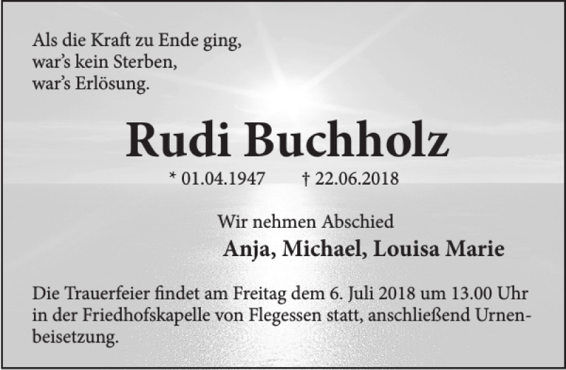  Traueranzeige für Rudi Buchholz vom 27.06.2018 aus Deister- und Weserzeitung