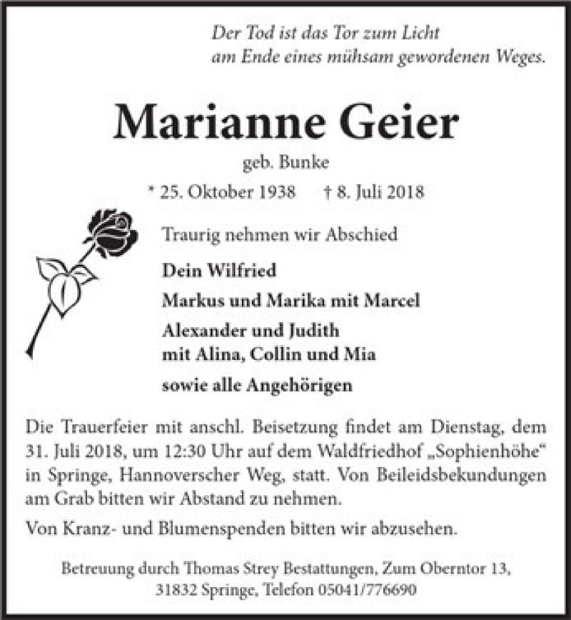 Traueranzeigen von Marianne Geier | Trauerportal Ihrer Tageszeitung