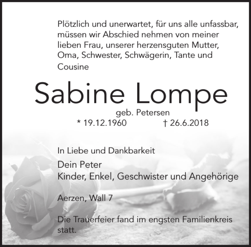  Traueranzeige für Sabine Lompe vom 07.07.2018 aus Deister- und Weserzeitung