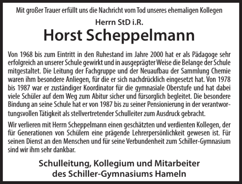  Traueranzeige für Horst Scheppelmann vom 11.08.2018 aus Deister- und Weserzeitung
