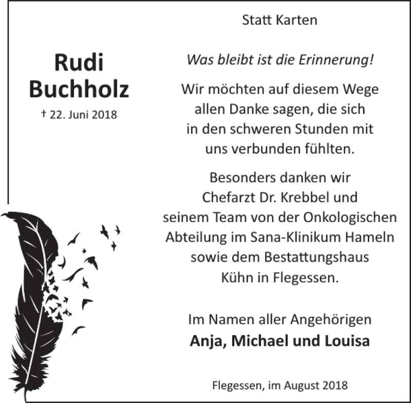  Traueranzeige für Rudi Buchholz vom 01.08.2018 aus Neue Deister-Zeitung