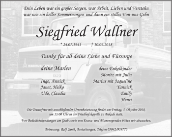 Traueranzeige von Siegfried Wallner von Neue Deister-Zeitung