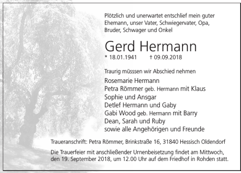  Traueranzeige für Gerd Hermann vom 15.09.2018 aus Deister- und Weserzeitung