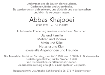Traueranzeige von Abbas Khajooei von Deister- und Weserzeitung