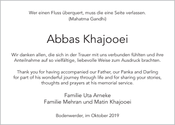 Traueranzeige von Abbas Khajooei von Deister- und Weserzeitung