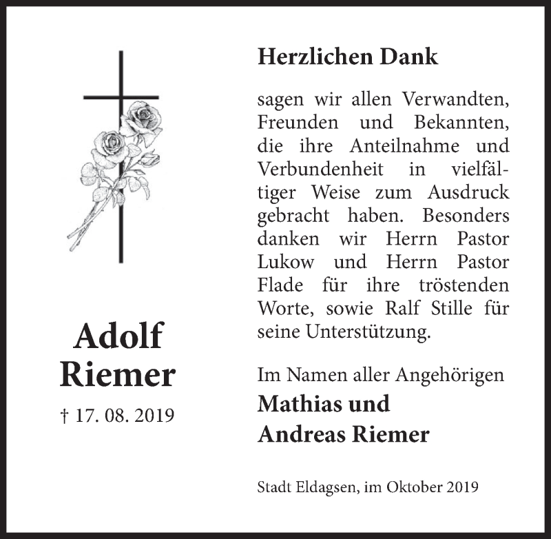  Traueranzeige für Adolf Riemer vom 09.10.2019 aus Neue Deister-Zeitung