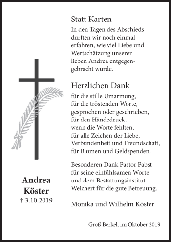 Traueranzeige von Andrea Köster von Deister- und Weserzeitung