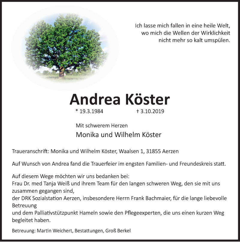  Traueranzeige für Andrea Köster vom 12.10.2019 aus Deister- und Weserzeitung
