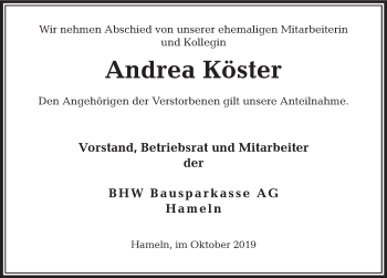 Traueranzeige von Andrea Köster von Deister- und Weserzeitung
