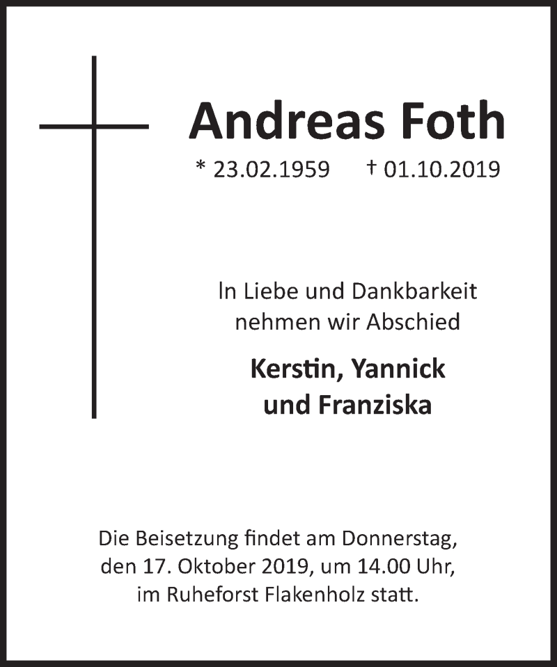  Traueranzeige für Andreas Foth vom 12.10.2019 aus Deister- und Weserzeitung