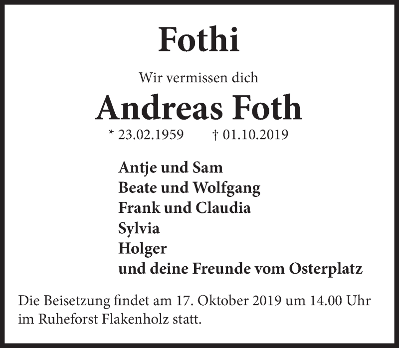  Traueranzeige für Andreas Foth vom 10.10.2019 aus Deister- und Weserzeitung