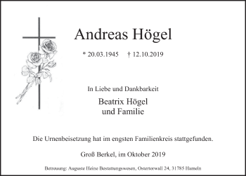Traueranzeige von Andreas Högel von Deister- und Weserzeitung