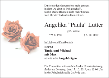 Traueranzeige von Angelika  Lutter von Deister- und Weserzeitung