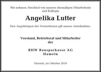 Traueranzeige von Angelika  Lutter von Deister- und Weserzeitung
