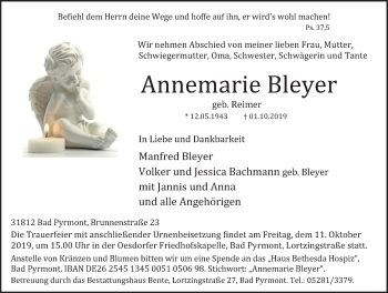 Traueranzeige von Annemarie Bleyer von Deister- und Weserzeitung