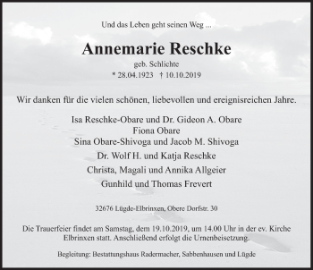 Traueranzeige von Annemarie Reschke von Deister- und Weserzeitung