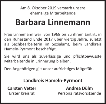Traueranzeige von Barbara Linnemann von Deister- und Weserzeitung