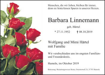 Traueranzeige von Barbara Linnemann von Deister- und Weserzeitung