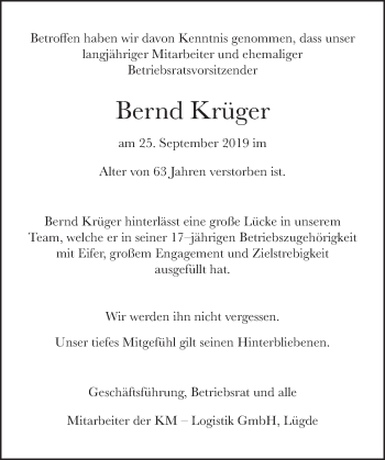 Traueranzeige von Bernd Krüger von Deister- und Weserzeitung