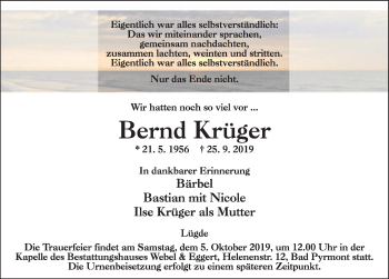 Traueranzeige von Bernd Krüger von Deister- und Weserzeitung