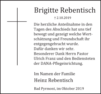 Traueranzeige von Brigitte Rebentisch von Deister- und Weserzeitung