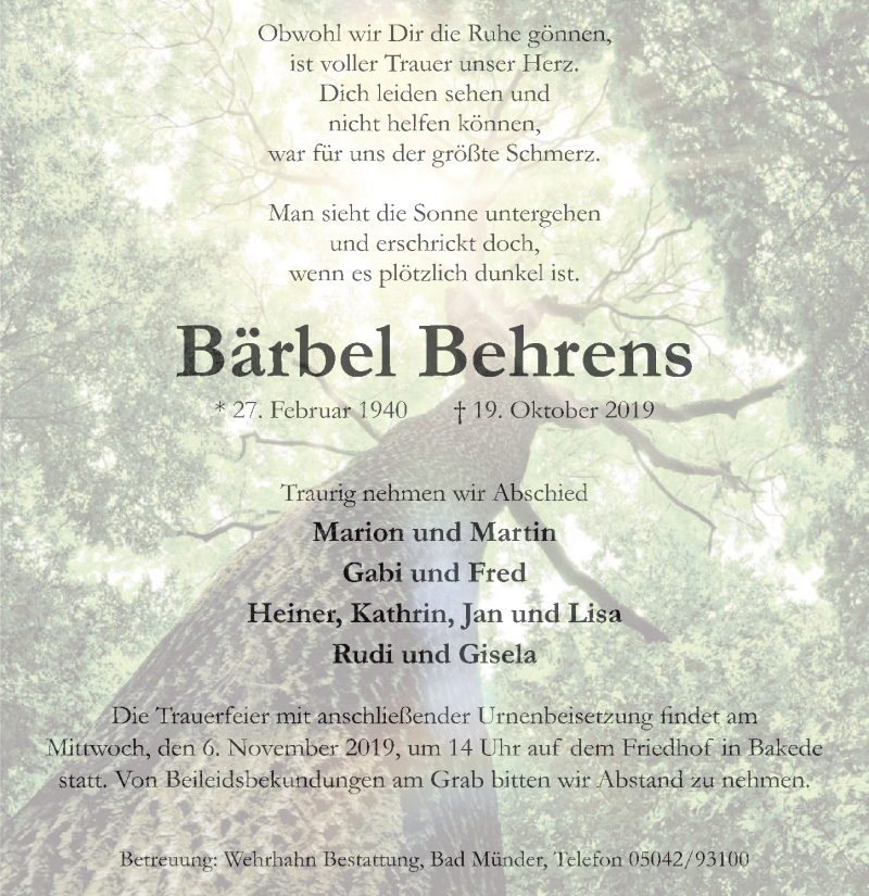  Traueranzeige für Bärbel Behrens vom 30.10.2019 aus 