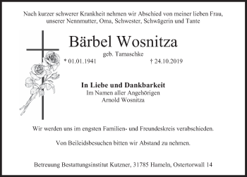 Traueranzeige von Bärbel Wosnitza von Deister- und Weserzeitung