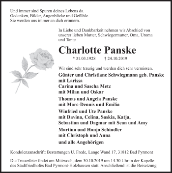 Traueranzeige von Charlotte Panske von Deister- und Weserzeitung