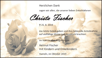Traueranzeige von Christa Fischer von Deister- und Weserzeitung