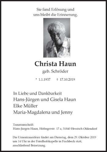 Traueranzeige von Christa Haun von Deister- und Weserzeitung