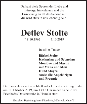 Traueranzeige von Detlev Stolte von Deister- und Weserzeitung