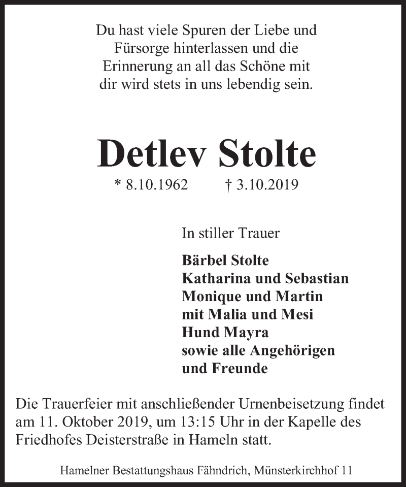  Traueranzeige für Detlev Stolte vom 08.10.2019 aus Deister- und Weserzeitung