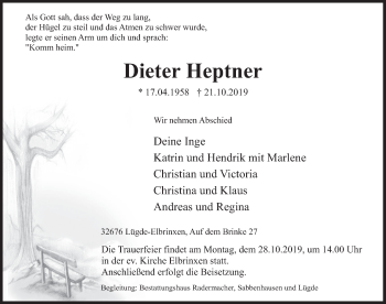 Traueranzeige von Dieter Heptner von Deister- und Weserzeitung