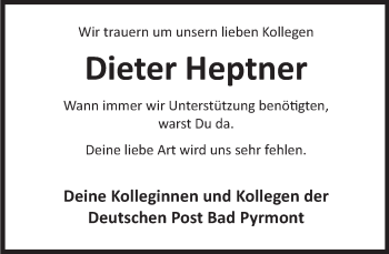 Traueranzeige von Dieter Heptner von Deister- und Weserzeitung