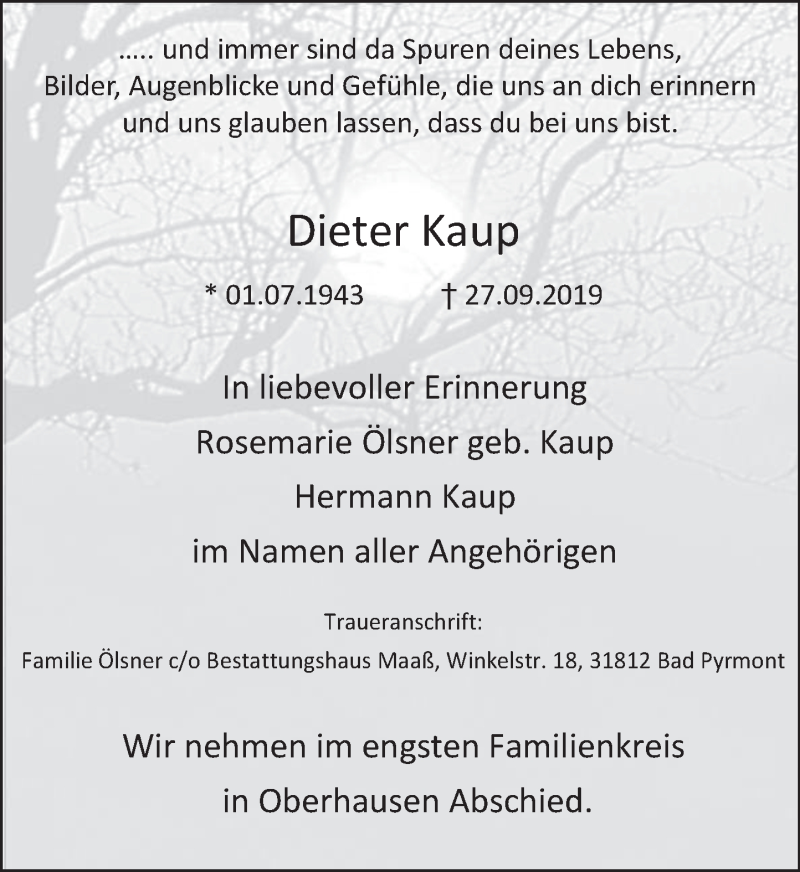  Traueranzeige für Dieter Kaup vom 12.10.2019 aus Deister- und Weserzeitung