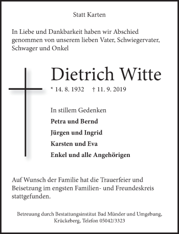 Traueranzeige von Dietrich Witte von Neue Deister-Zeitung