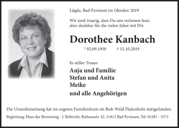 Traueranzeige von Dorothee Karbach von Deister- und Weserzeitung