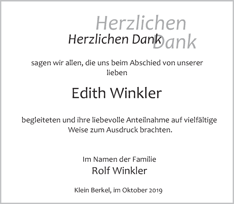  Traueranzeige für Edith Winkler vom 19.10.2019 aus Deister- und Weserzeitung