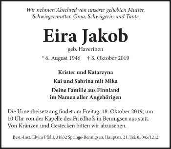 Traueranzeige von Eira Jakob 