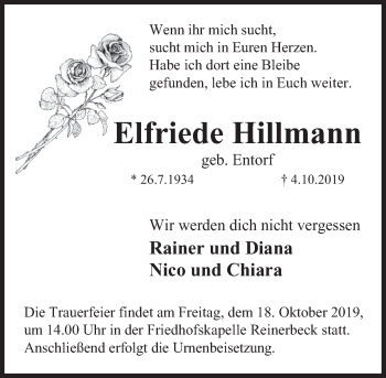 Traueranzeige von Elfriede Hillmann von Deister- und Weserzeitung