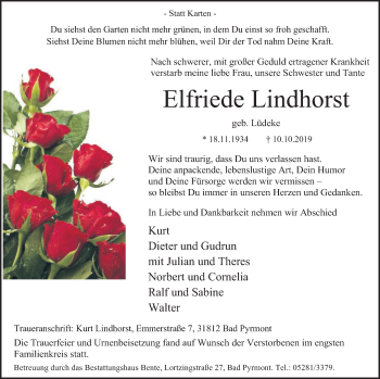 Traueranzeige von Elfriede Lindhorst von Deister- und Weserzeitung